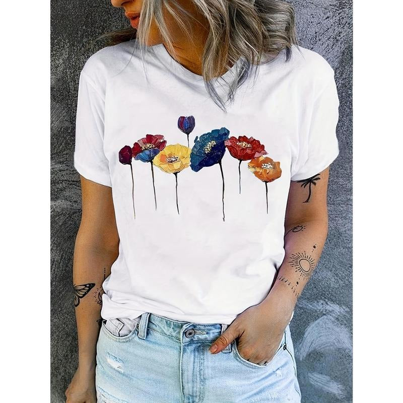Vibrant Floral Print Crew Neck T-Shirt - Women's Casual Short Sleeve T-Shirts for Spring & Summer