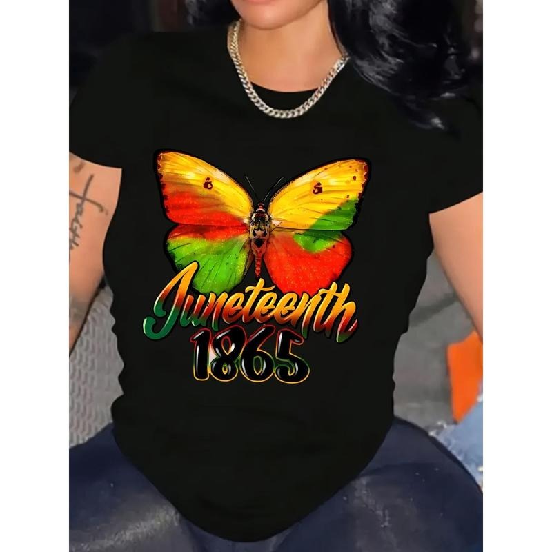 Vibrant Juneteenth 1865 Graphic Print Plus Size T-Shirt Black Casual Crew Neck Short Sleeve Top for Women, Lightweight &...