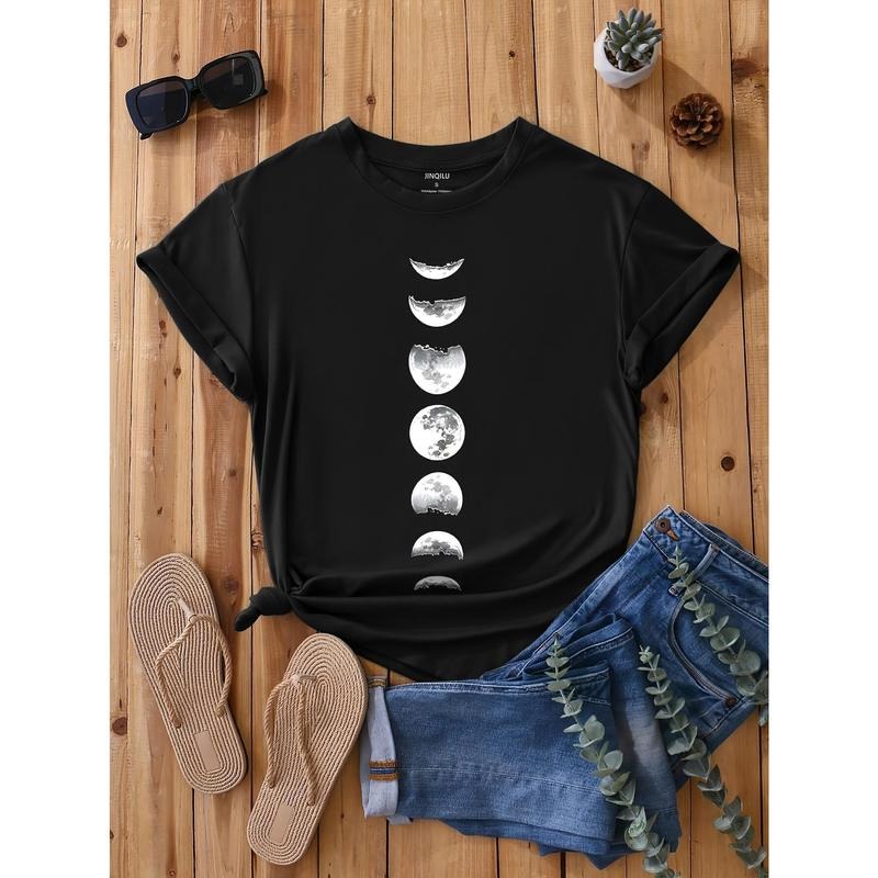 Vibrant Moon Print Crew Neck T-Shirt - Women's Casual Short Sleeve Shirt for Spring & Summer