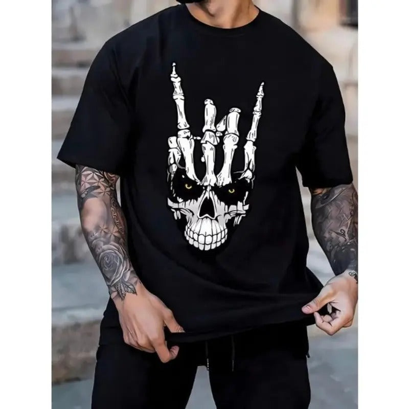 Vibrant Skull Hand Print Crew Neck Tee Shirt - Soft Slight Stretch Polyester Fabric, Regular Fit, Geometric Pattern,...