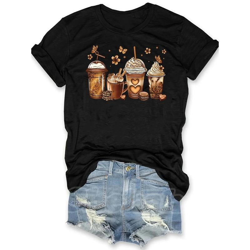 Vibrant Sweet Drinking Print Summer T-Shirt - Soft Short Sleeve Crew Neck Top with Relaxed Fit