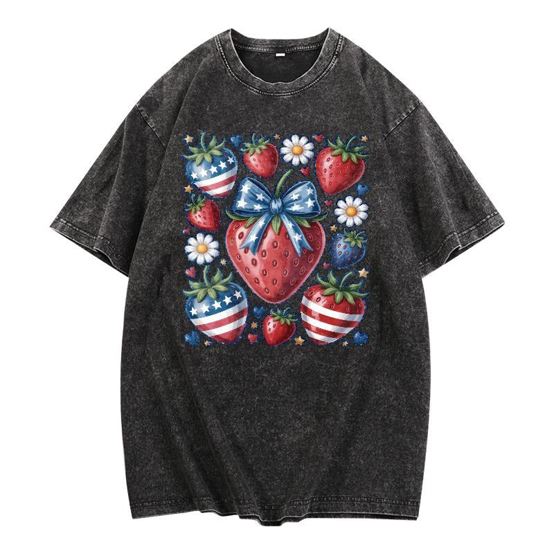 Vintage - Inspired Washed T - Shirt Featuring Strawberries with American