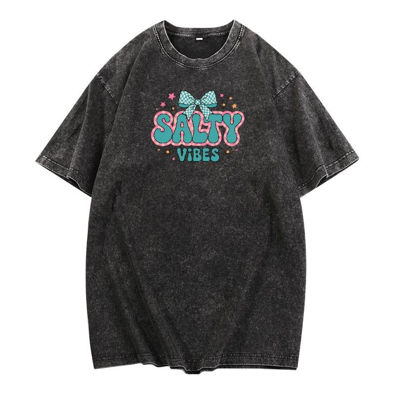 Vintage - Inspired Washed T - Shirt with "Salty Vibes" Graphic and Bow Detail style 02 Hoodie, Sweatshirt | UrbanDripWear.com