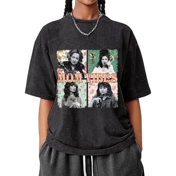 Vintage - Washed T - Shirt with Nostalgic "Mom Vibes" Print and Retro - Inspired Collage of Mom