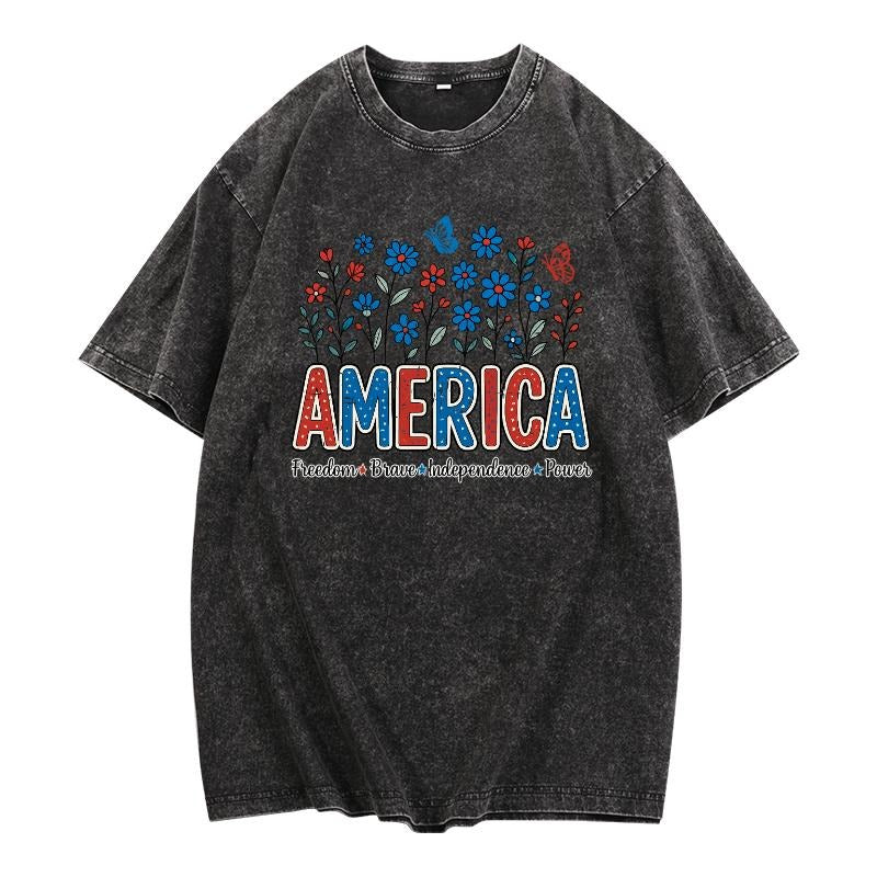 Vintage - inspired Washed T - Shirt: Floral "America" Design with Inspirational Words Hoodie, Sweatshirt | UrbanDripWear.com