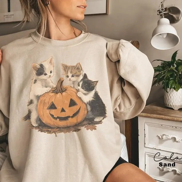 Vintage 90s Cat Halloween Sweatshirt, Retro Halloween Shirt, Spooky Season Tee, Pumpkin Shirt, Cat Lover Shirt, Black...