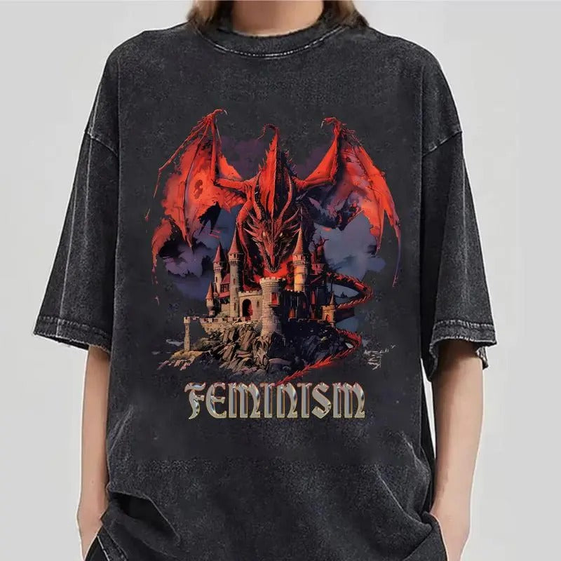 Vintage 90s Feminism Dragon Fantasy Graphic T-Shirt - Funny Gag Shirt, Dragon Shirt