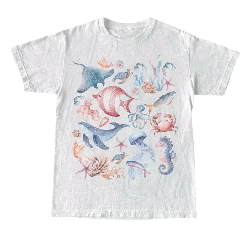 Vintage 90s Watercolor Sea Creatures Tshirt, Retro Ocean Lovers Nature Shirt, Sealife, Ocean, Whale, Orca, Fish Lovers...