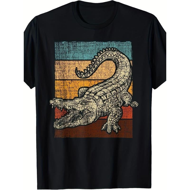 Vintage Alligator Graphic T-Shirt - Cotton Casual Crew Neck Top for Men with Geometric Applique Design