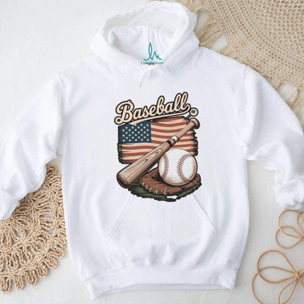 Vintage American Flag Baseball Glove and Bat Sports Graphic T Shirt