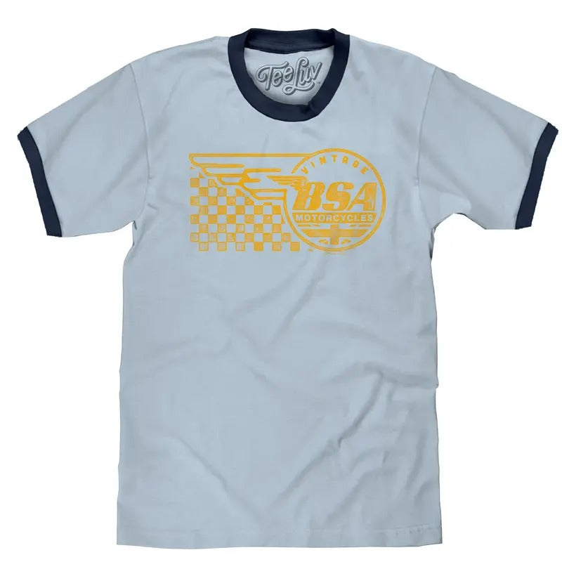 Vintage BSA Motorcycles Ringer T-Shirt - Light and Navy Blue Hoodie, Sweatshirt | UrbanDripWear.com