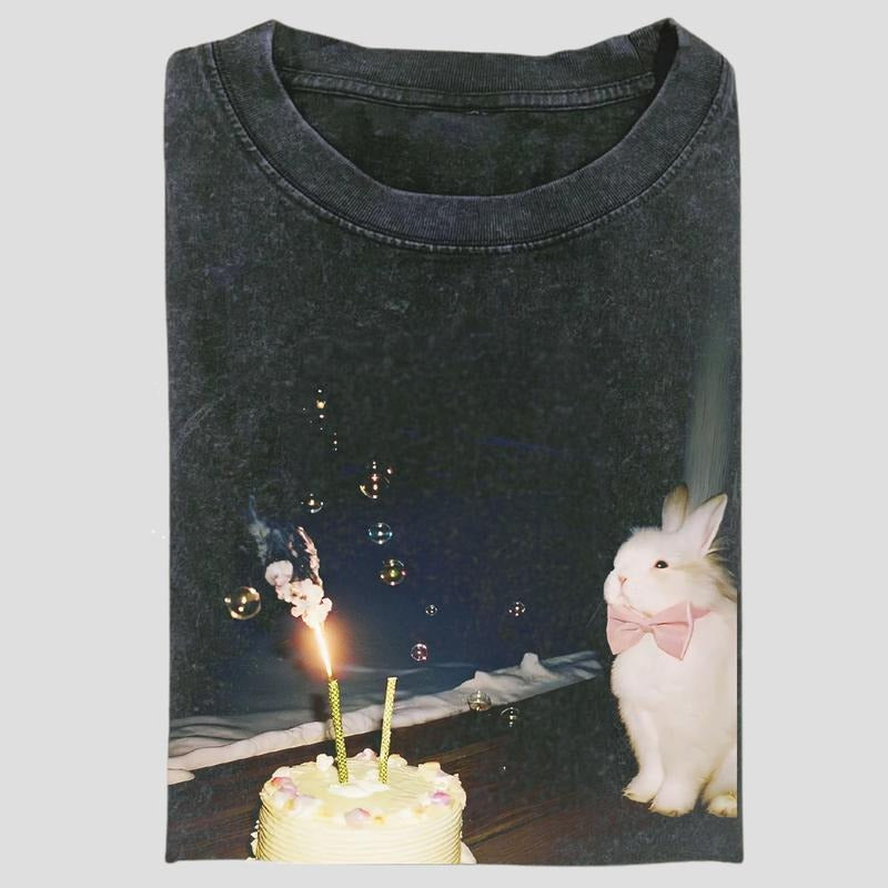 Vintage Birthday Bunny Graphic Tee, Cute Rabbit Celebration Shirt, Whimsical Party Animal Aesthetic, Unisex Menswear...