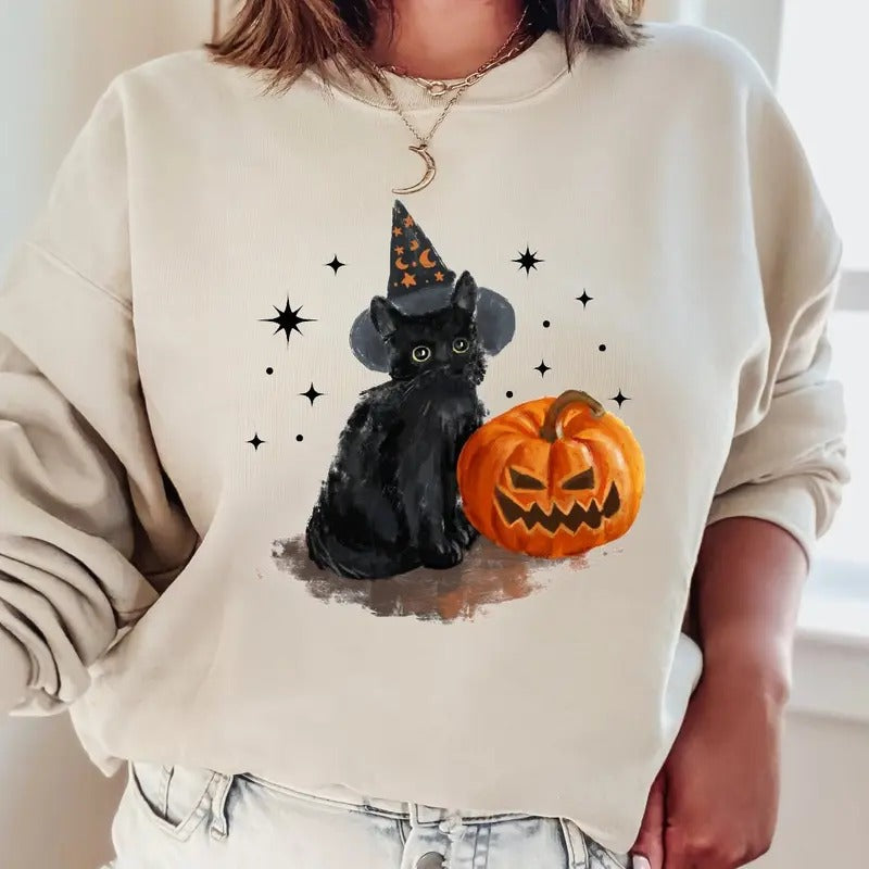 Vintage Black Cat Halloween Sweatshirt, Black Cat Halloween Shirt, Cat Lover Gift Shirt, Pumpkin Halloween sweatshirt,...