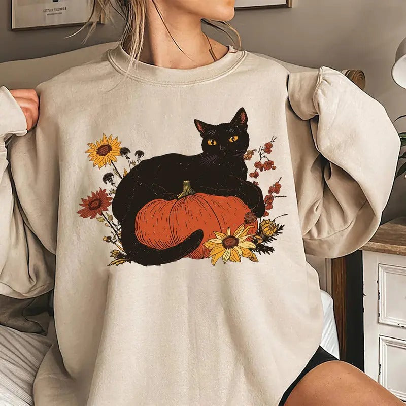 Vintage Black Cat On Pumpkin Sweatshirt, Retro Black Cat Halloween Sweatshirt, 90s Halloween Shirt, Black Cat Fall Shirt,...