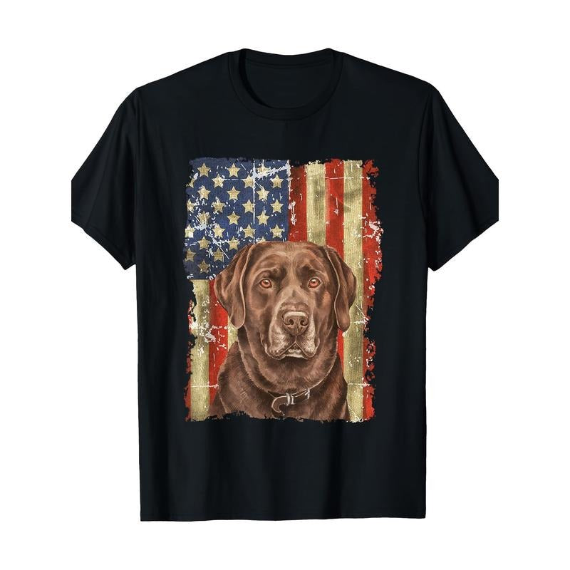 Vintage Chocolate Lab & American Flag Graphic T-Shirt, 100% Cotton, Basic Crew Neck, Regular Fit, Short Sleeve, Slight...