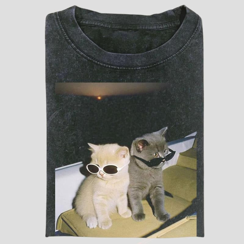 Vintage Cool Cats in Sunglasses Graphic Tee, Funny Meme Couple Shirt, Retro Pet Humor Aesthetic, Unisex Menswear...