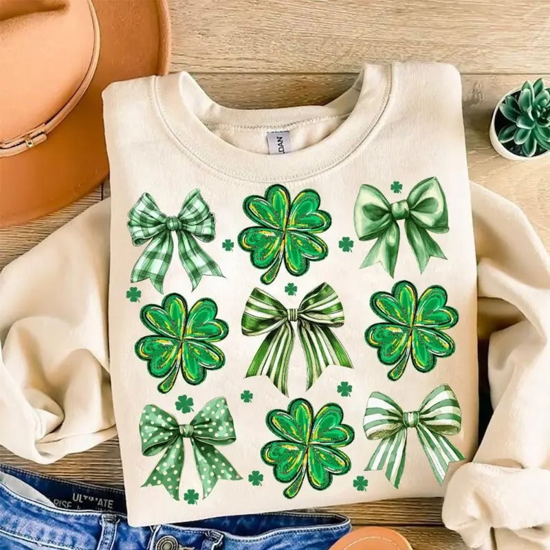 Vintage Coquette Patrick's Day Sweatshirt, Shamrock Lucky Bow Sweatshirt, St. Patrick's Day Sweatshirt T-Shirts, Hoodie