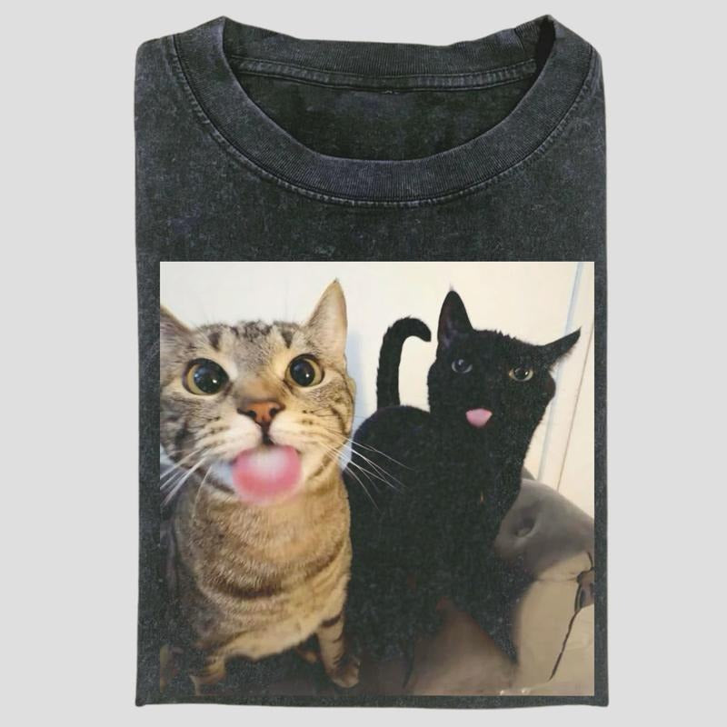 Vintage Funny Couple Cats Graphic Tee, Tongue Out Meme Shirt, Cute Pet Humor Style, Unisex Menswear Womenswear Top...