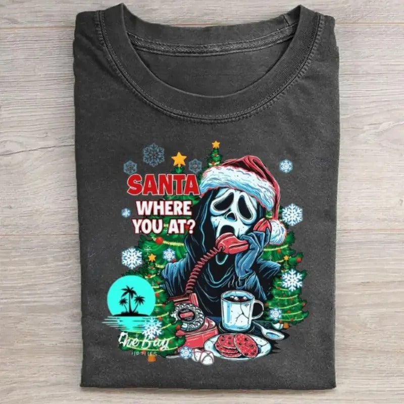 Vintage Funny Ghostface Calling Santa "Where You At?" Graphic Tee - Ghostface Christmas Shirt - Scream Movie Shirt -...