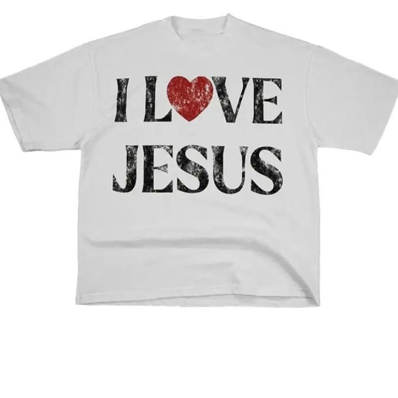 Vintage I Love Jesus Print Short Sleeve T-Shirt Menswear Top Underwear Tshirt Cotton Polyester,Women's Letter Print Round...