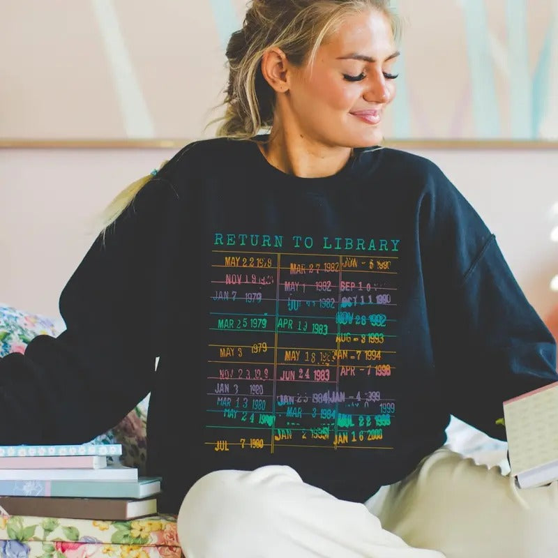 Vintage Library Rainbow Sweatshirt Return To Library Card Book Due Date Shirt Reader Gift For Her Him Librarian English...