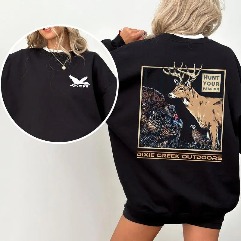 Vintage Outdoors Hunt Two-sided Sweatshirt, Deer Gobblers Turkey Hunting, Dixie Creek Unisex Shirt Hoodie | UrbanDripWear.com