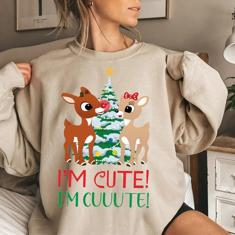 Vintage Rudolph Xmas Shirt, Couple Reindeer Cute Sweatshirt, Retro I'm Cute Tee Shirt, Christmas Holiday Shirt, Xmas Gift...
