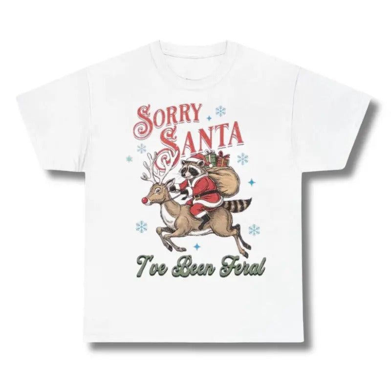 Vintage Sorry Santa I've Been Feral Shirt, On a Deer Mounted Santa Claus Raccoon With Tee, Feral Raccoon Graphic Tee,...