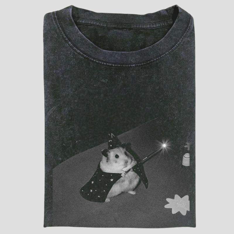 Vintage Wizard Hamster Graphic Tee, Funny Magic Wand Meme Shirt, Whimsical Pet Sorcery Aesthetic, Unisex Menswear...