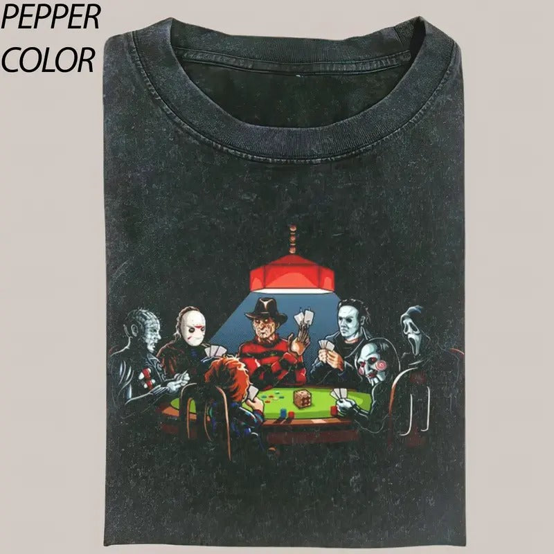 Vintage horror characters movies playing poker CrewNeck T-shirt, scream movie, Funny Poker Graphic Tee Gift For Boyfriend...
