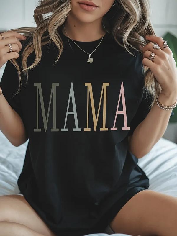 WHITE Mama Letter Print T-shirt - Short Sleeve Crew Neck Casual Top for Women - Versatile Summer & Spring Clothing