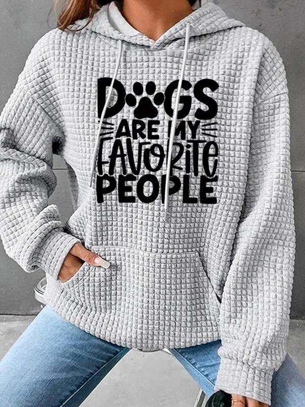 Waffle Hoodie with Drawstring, Casual Long Sleeve Sweatshirt Featuring Attitude Slogan and Cow Print, Women's Fall &...