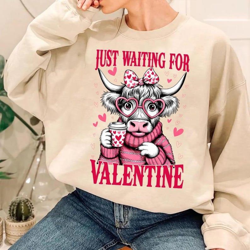 Waiting for Valentine | Highland Cow Heart Crewneck | Retro Coquette Sweatshirt T-Shirts, Hoodie | UrbanDripWear.com