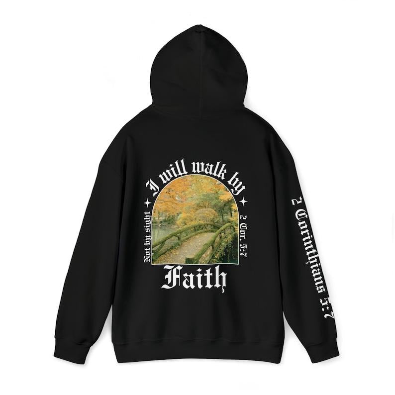 Walk By Faith Christian Hoodie Old English Letters Arch Artwork Sweatshirt Bible Verse Corinthians  T-shirt, sweater and...