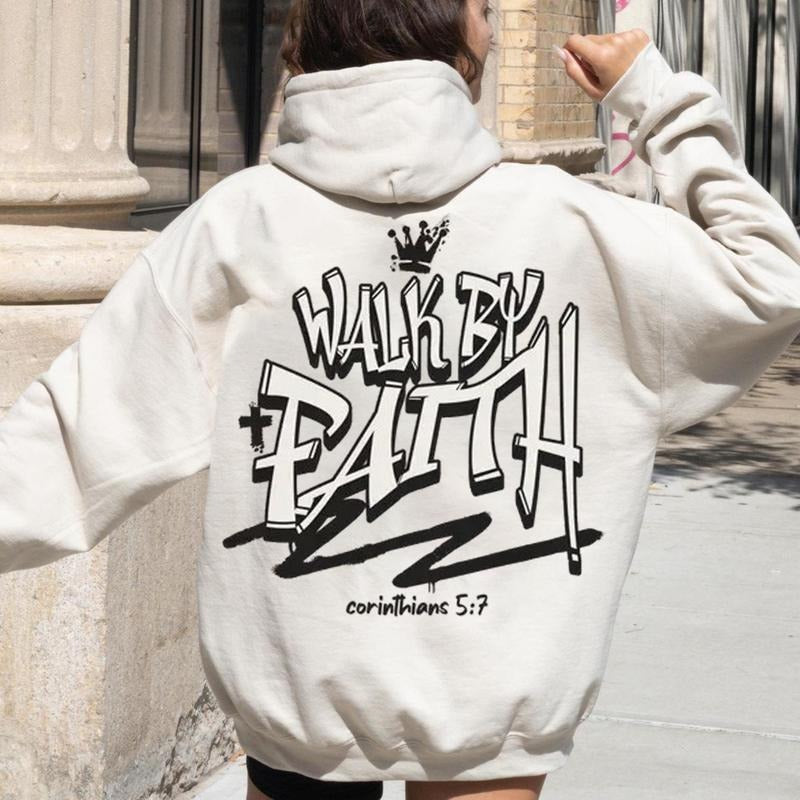 Walk By Faith Graphic Hoodie Casual Street Style Fleece Fabric Pullover Hooded Sweatshirt Trendy Tops for Women for Men,...
