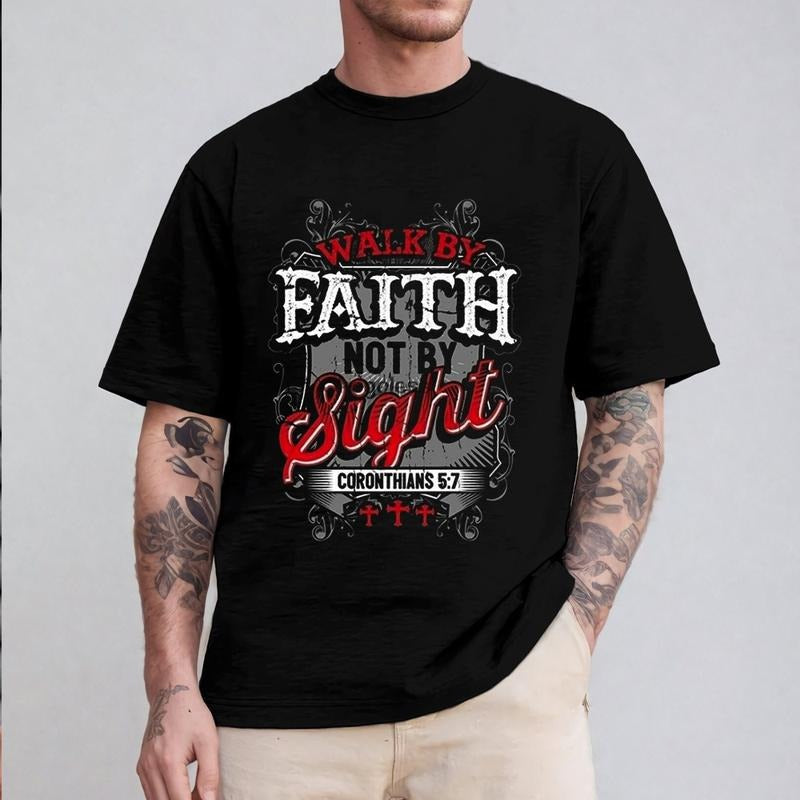 Walk By Faith Not By Sight Bible Verses Tee Pure Cotton Fabric Casual Streetstyle Crew Neck Short Sleeve T-Shirt Trendy...