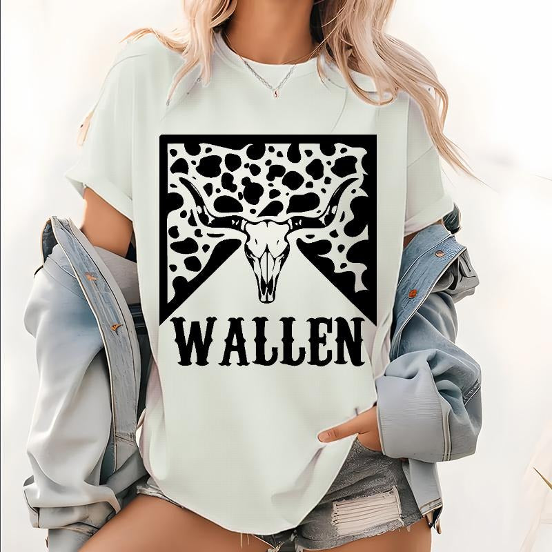 Wallen Skull Print T shirt, Country Concert Leopard Tops, Unisex Garment-Dyed Pattern T-shirt, Country Shirt, Cowboy Tee...