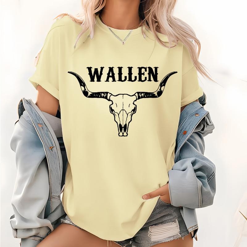 Wallen Skull Print T shirt, Country Concert Leopard Tops, Unisex Garment-Dyed Pattern T-shirt, Country Shirt, Cowboy Tee...