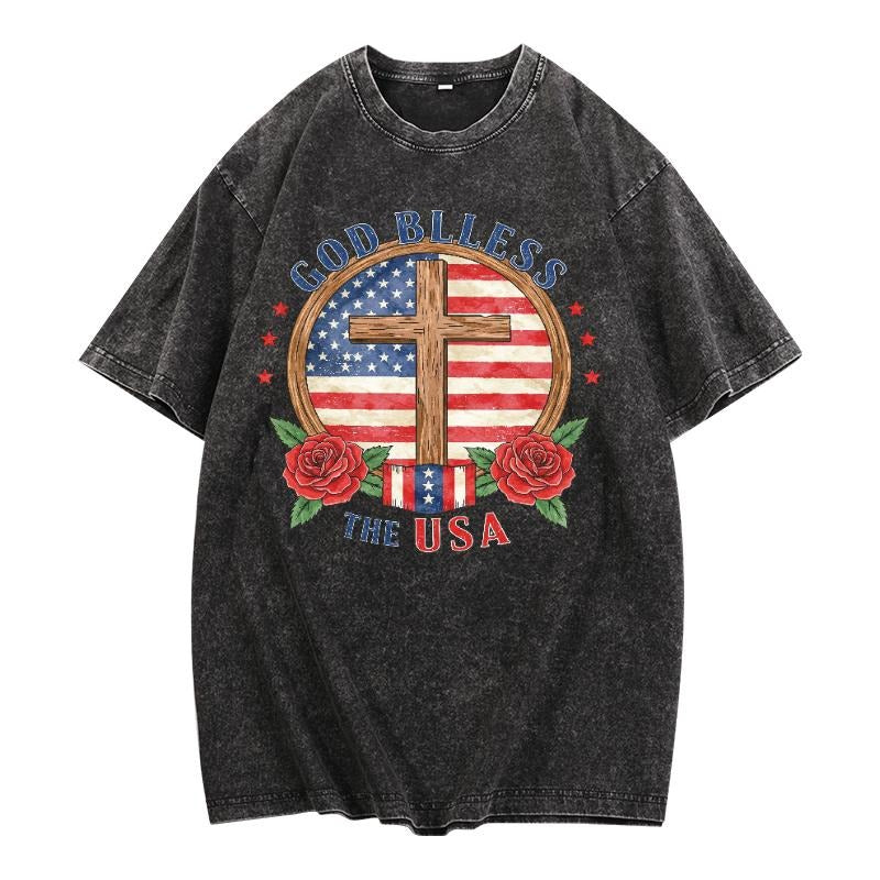 Washed - Effect T - Shirt with Patriotic and Religious Symbols: God Bless The USA Hoodie, Sweatshirt | UrbanDripWear.com