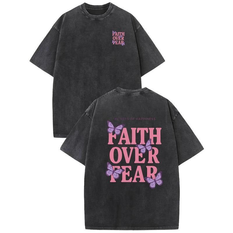 Washed - finish T - shirt with 'Faith Over Fear' Message and Butterfly Graphics Hoodie, Sweatshirt | UrbanDripWear.com
