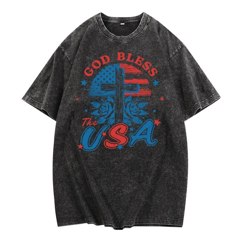 Washed Finish T - Shirt with American Symbol and Cross Motif: God Bless The USA Hoodie, Sweatshirt | UrbanDripWear.com