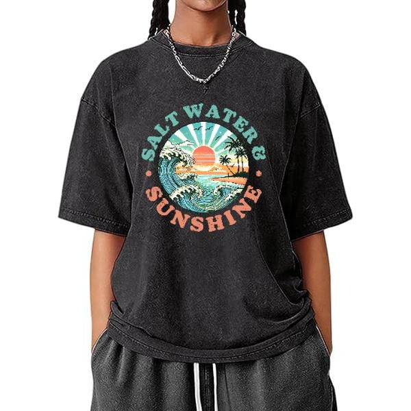 Washed T - Shirt Embracing Coastal Aura: "Salt Waters Sunshine" with a Breathtaking Ocean Sunset and Palm Trees Graphic...