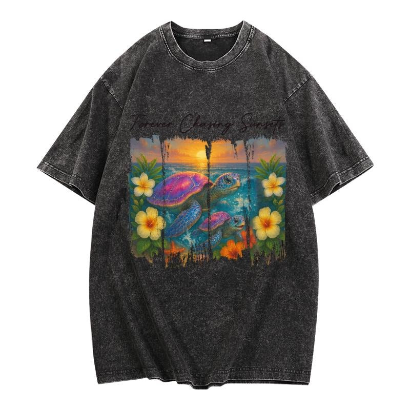 Washed T - Shirt Featuring "Turtles Chasing Sunsets" Motif: A Trendy and Relaxing Choice for Beach
