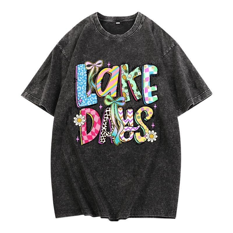 Washed T - Shirt Featuring Playful "Lake Days" Graphic: A Trendy and Energetic Pick for Vacation