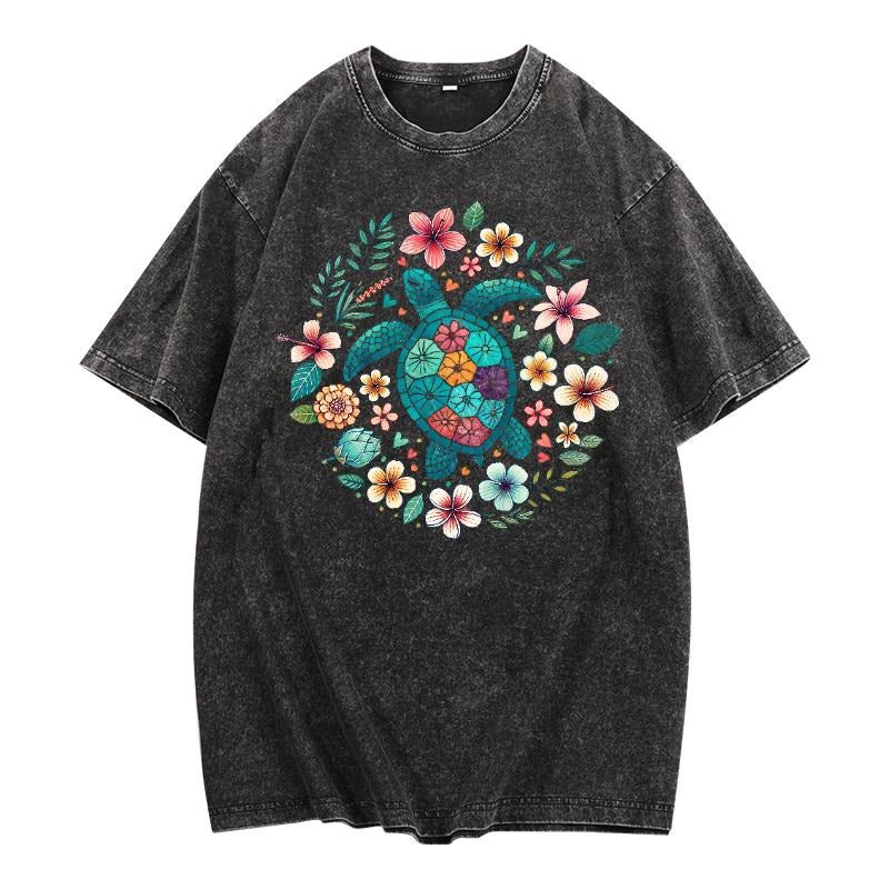 Washed T - Shirt for Nature Lovers: Flaunt a Beautiful Turtle - Floral Graphic Hoodie, Sweatshirt | UrbanDripWear.com