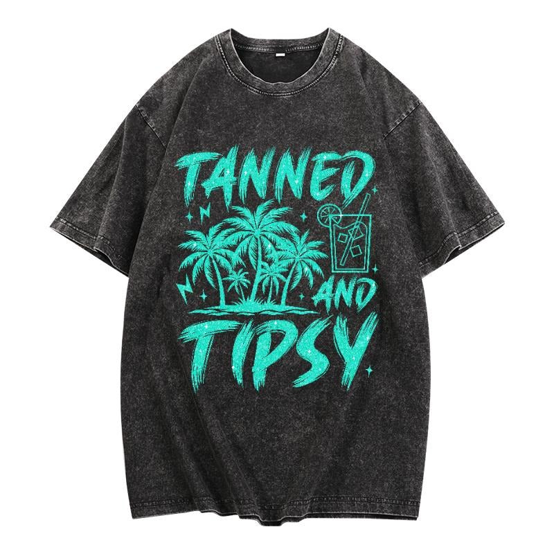 Washed T - Shirt with Beachy "Tanned and Tipsy" Design: Palm Trees and Cocktail Graphics for a Sunny Vibe style 02...