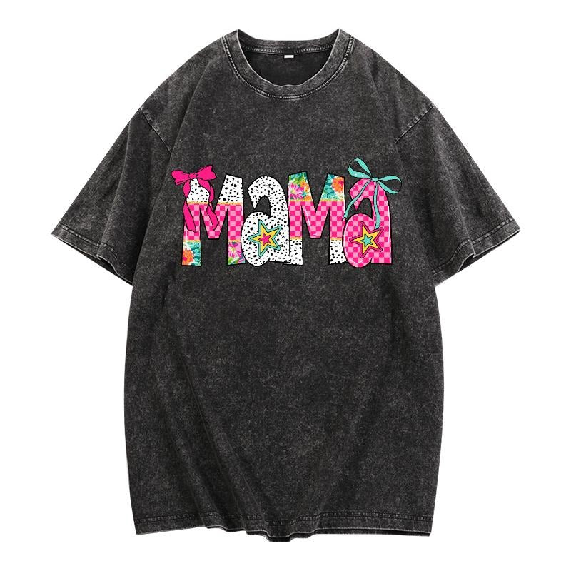 Washed T - Shirt with Dynamic "Mama" Design: Fun Patterns and Bows for a Trendy Vibe style 02 Hoodie, Sweatshirt |...