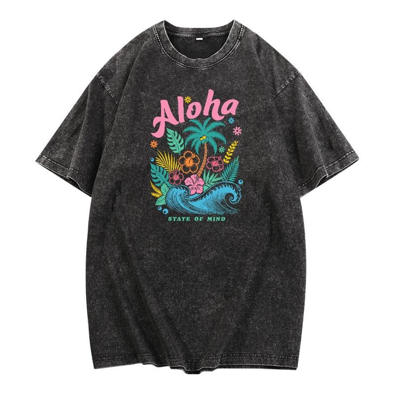 Washed T - Shirt with Tropical "Aloha State of Mind" Design for Beachy Vibes Hoodie, Sweatshirt | UrbanDripWear.com