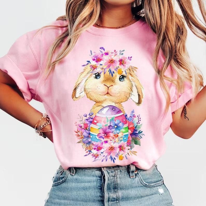 Watercolor Bunny Shirt, Easter Eggs Tee Shirt, Happy Easter Glitter Shirt, Spring Floral Tee Tshirt, Retro Easter Gift...