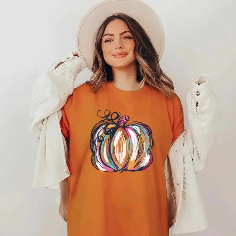 Watercolor Pumpkins Shirt, Halloween Shirt,Cute Fall Shirt, Gift For Halloween Cotton Menswear Top Womenswear Polyester...